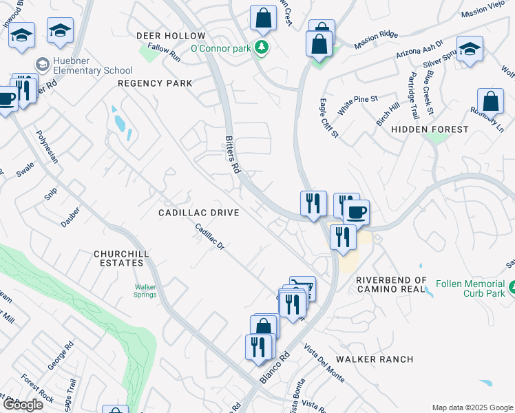 map of restaurants, bars, coffee shops, grocery stores, and more near 1414 West Bitters Road in San Antonio