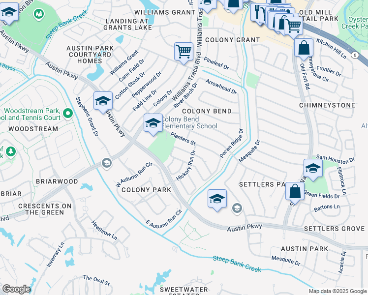 map of restaurants, bars, coffee shops, grocery stores, and more near 2919 Pasture Lane in Sugar Land