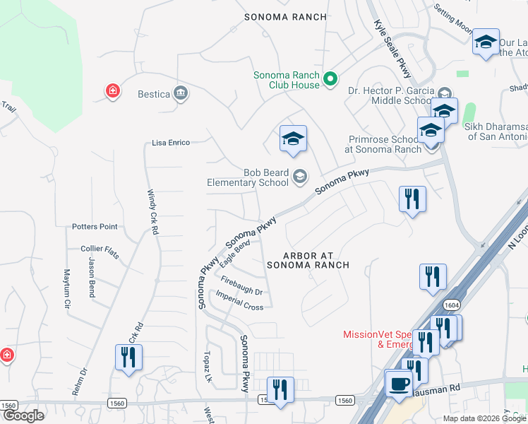 map of restaurants, bars, coffee shops, grocery stores, and more near 14510 Los Lunas Road in Helotes