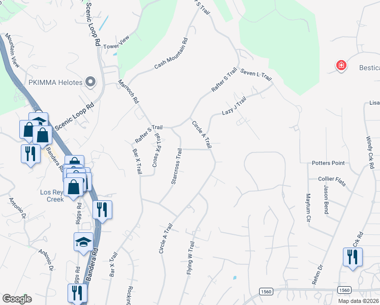 map of restaurants, bars, coffee shops, grocery stores, and more near 10214 Rafter O Trail in Helotes