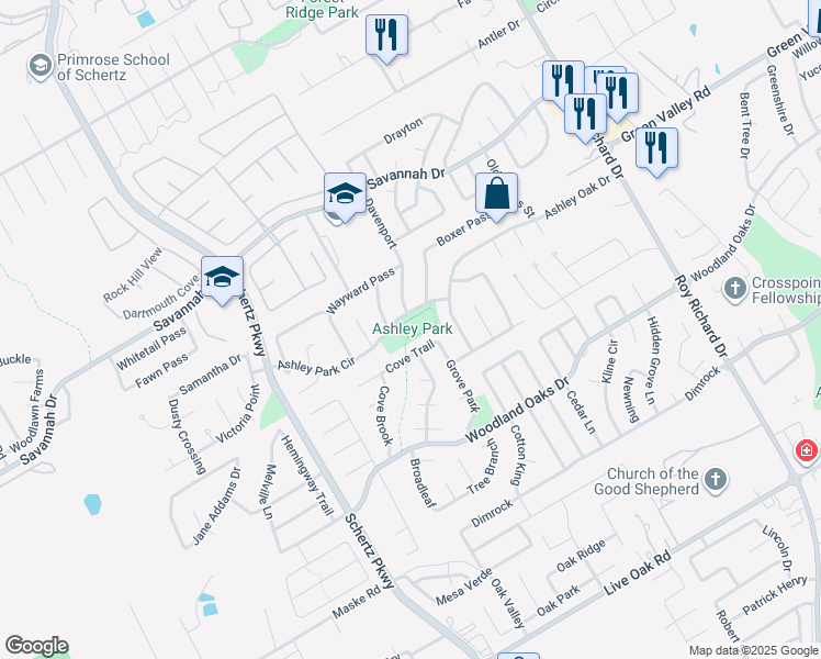 map of restaurants, bars, coffee shops, grocery stores, and more near 534 Ashley Park Circle in Schertz