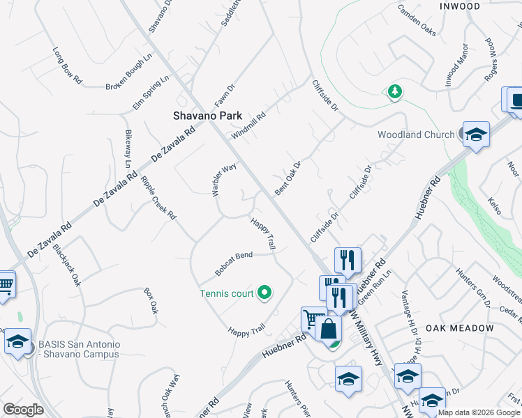 map of restaurants, bars, coffee shops, grocery stores, and more near 102 Warbler Way in Shavano Park