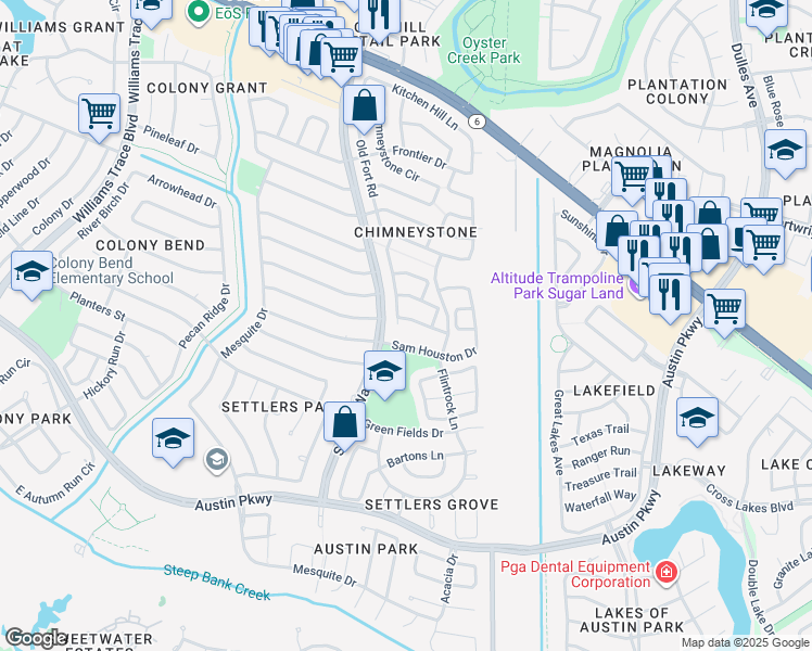 map of restaurants, bars, coffee shops, grocery stores, and more near 3118 Whetrock Lane in Sugar Land