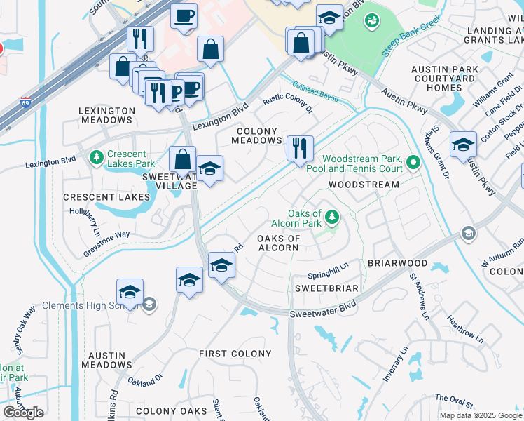 map of restaurants, bars, coffee shops, grocery stores, and more near 3714 Elkins Road in Sugar Land