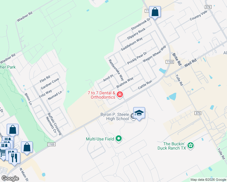 map of restaurants, bars, coffee shops, grocery stores, and more near 128 Brahma Way in Cibolo