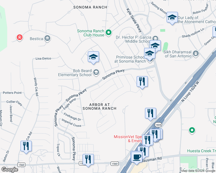 map of restaurants, bars, coffee shops, grocery stores, and more near 8627 Tioga Pass in Helotes