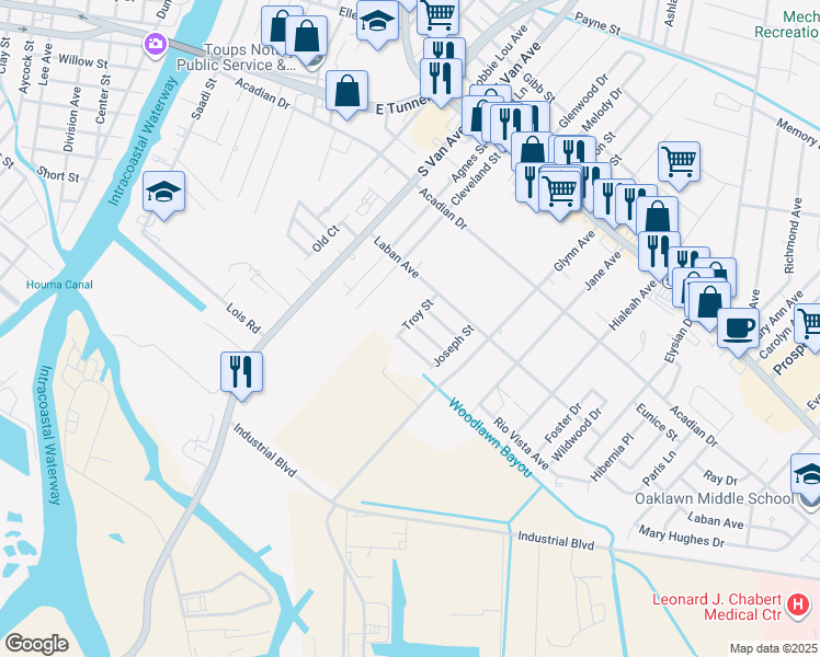 map of restaurants, bars, coffee shops, grocery stores, and more near 1400 Brooke Street in Houma