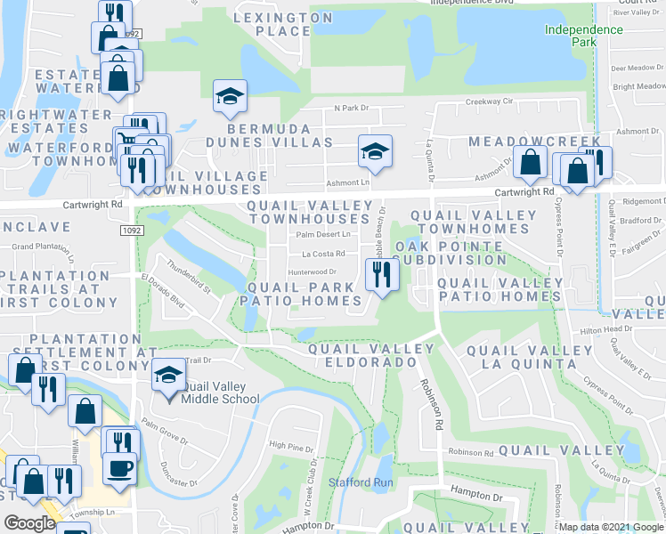 map of restaurants, bars, coffee shops, grocery stores, and more near 3222 Hunterwood Drive in Missouri City