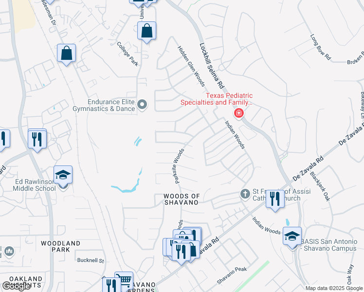 map of restaurants, bars, coffee shops, grocery stores, and more near 4502 Western Pine Woods Street in San Antonio