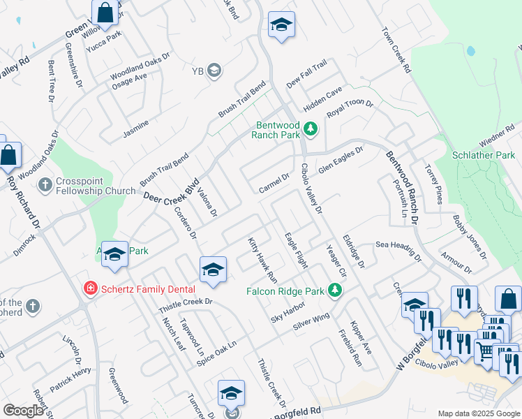 map of restaurants, bars, coffee shops, grocery stores, and more near 405 Willow Loop in Cibolo