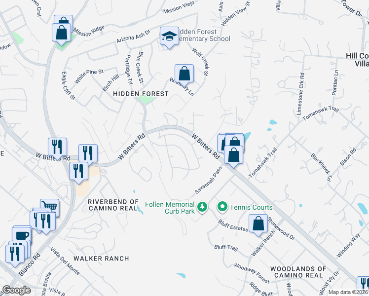 map of restaurants, bars, coffee shops, grocery stores, and more near 40 Greens Shade in San Antonio