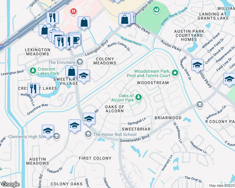map of restaurants, bars, coffee shops, grocery stores, and more near 3330 Peachwood Lane in Sugar Land