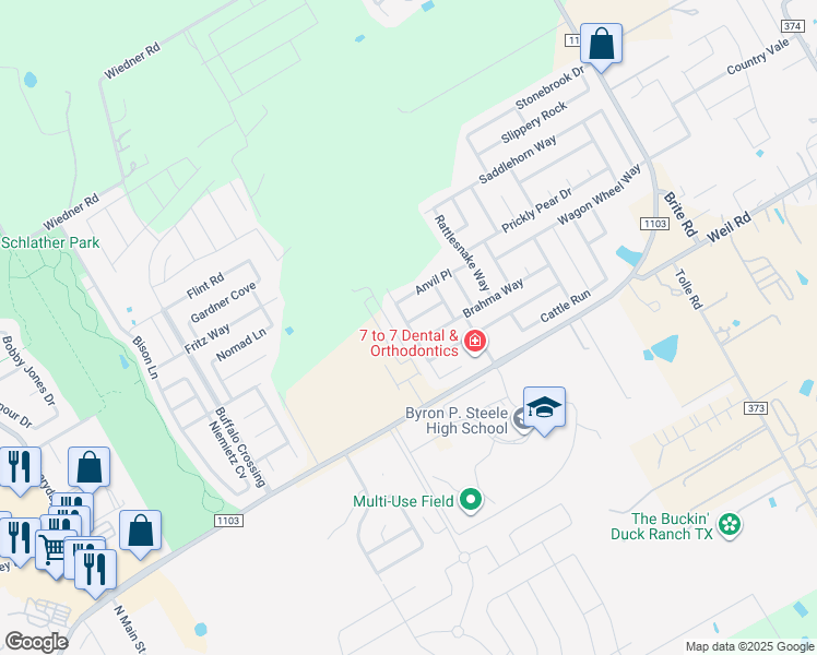 map of restaurants, bars, coffee shops, grocery stores, and more near 165 Corral Fence Line in Cibolo
