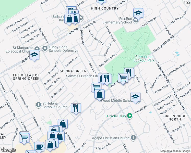 map of restaurants, bars, coffee shops, grocery stores, and more near 15027 Kamary Lane in San Antonio