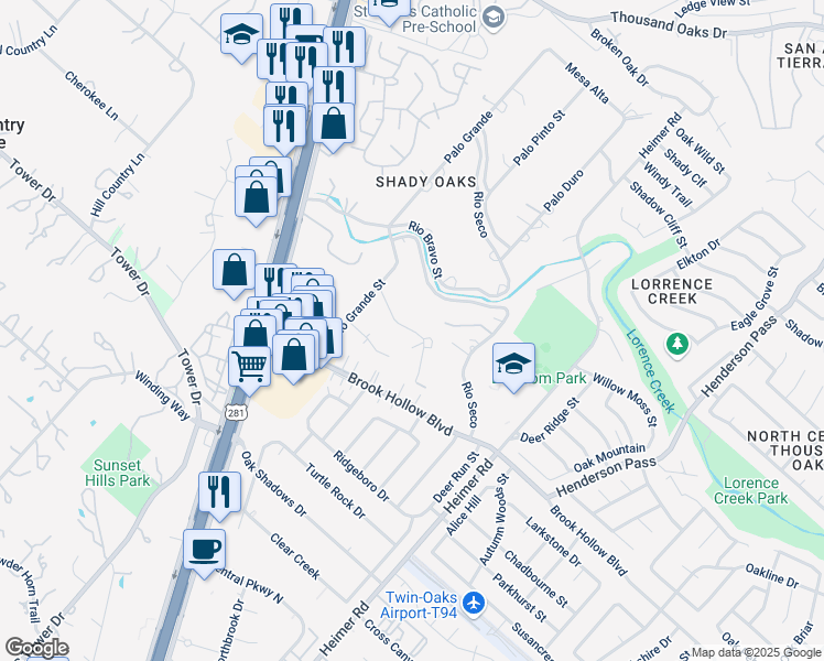 map of restaurants, bars, coffee shops, grocery stores, and more near Encino Blanco Street in San Antonio
