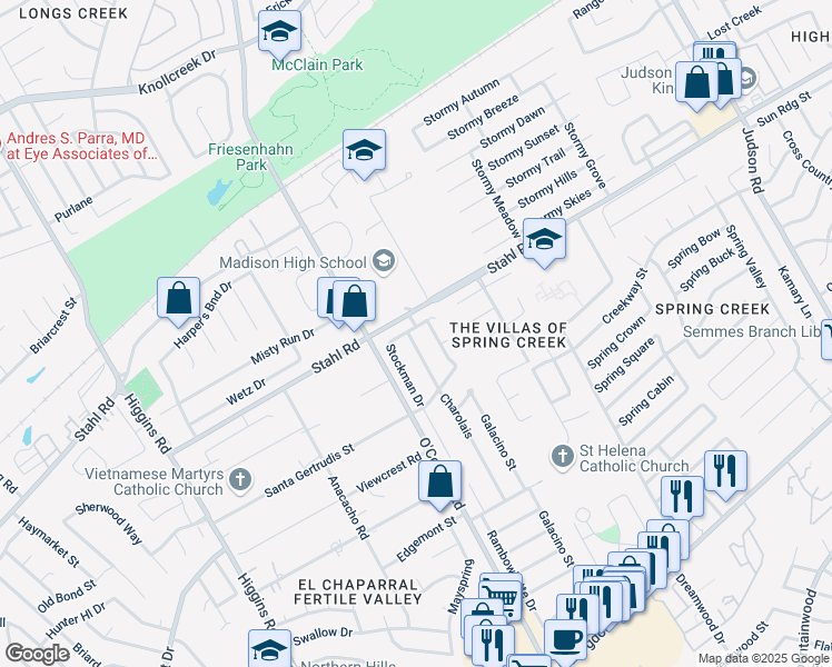 map of restaurants, bars, coffee shops, grocery stores, and more near 15210 Branding Iron Drive in San Antonio