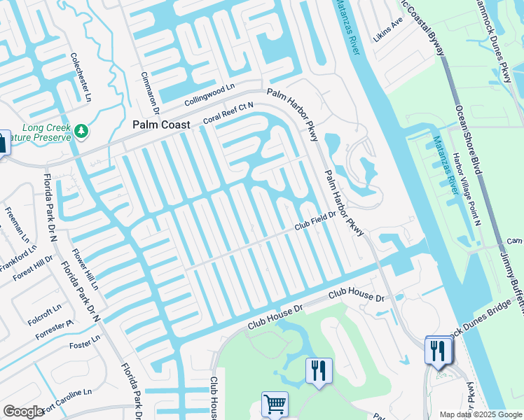 map of restaurants, bars, coffee shops, grocery stores, and more near 20 Claridge Court North in Palm Coast