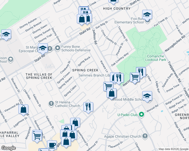 map of restaurants, bars, coffee shops, grocery stores, and more near 5946 Spring Cluster in San Antonio