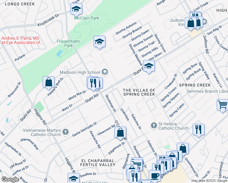 map of restaurants, bars, coffee shops, grocery stores, and more near 15210 Branding Iron Drive in San Antonio