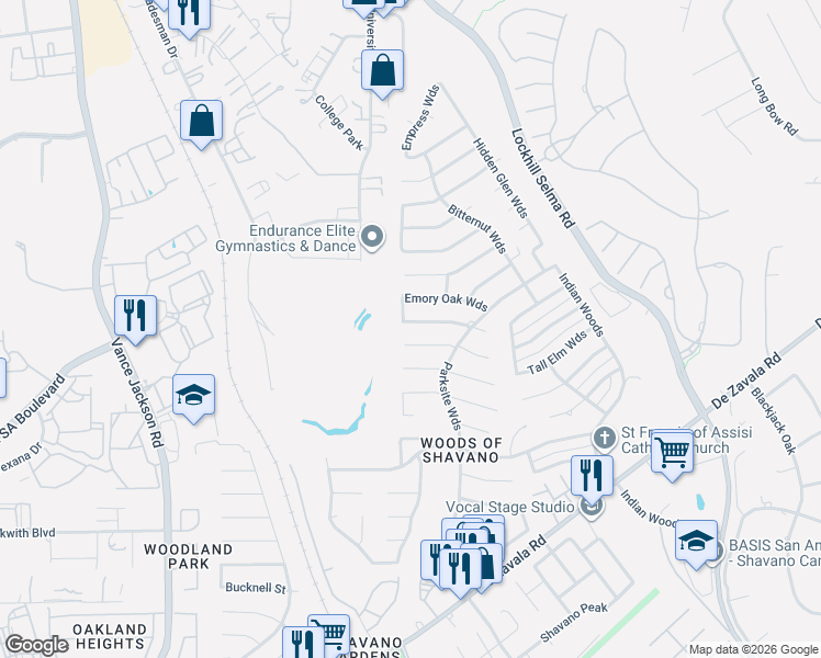 map of restaurants, bars, coffee shops, grocery stores, and more near 4526 Western Pine Woods in San Antonio