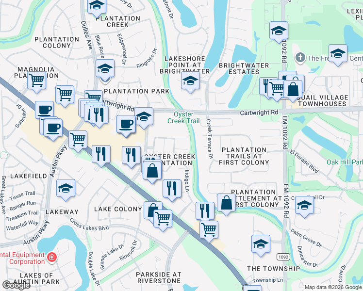 map of restaurants, bars, coffee shops, grocery stores, and more near 4314 Laurel Creek Court in Missouri City