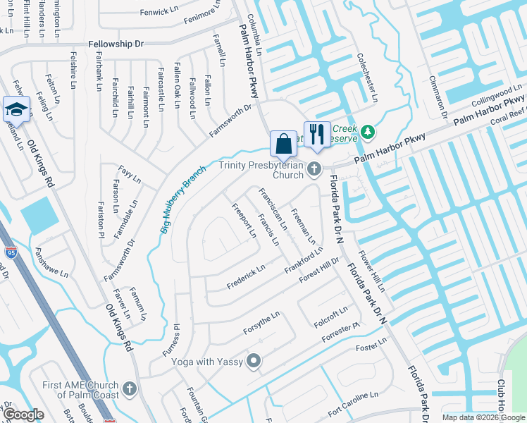 map of restaurants, bars, coffee shops, grocery stores, and more near 19 Francis Ln in Palm Coast