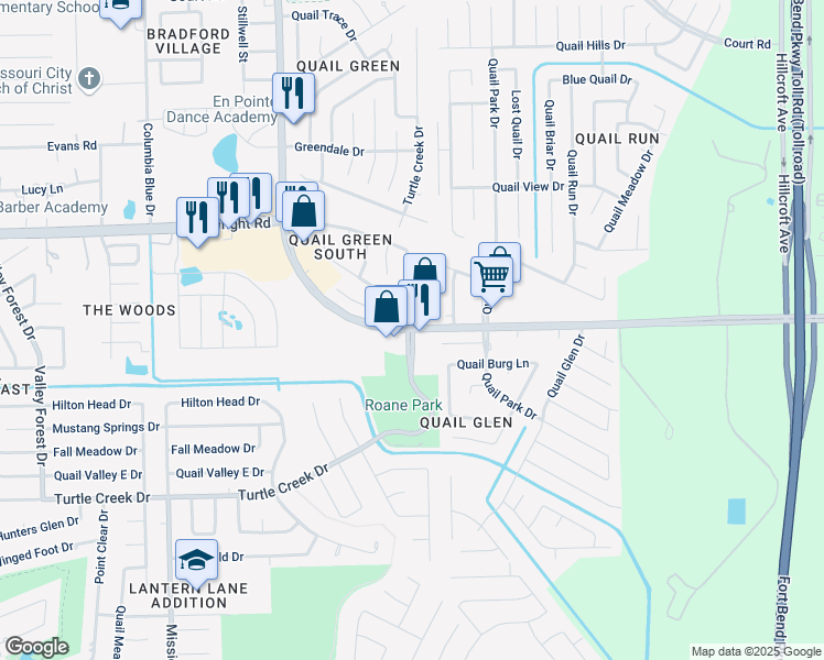 map of restaurants, bars, coffee shops, grocery stores, and more near 1301 Turtle Creek Drive in Missouri City
