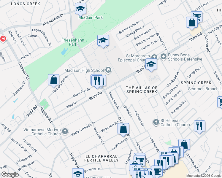 map of restaurants, bars, coffee shops, grocery stores, and more near 15115 Branding Iron Street in San Antonio