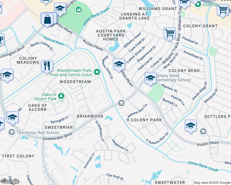 map of restaurants, bars, coffee shops, grocery stores, and more near 3106 Poplar Place in Sugar Land