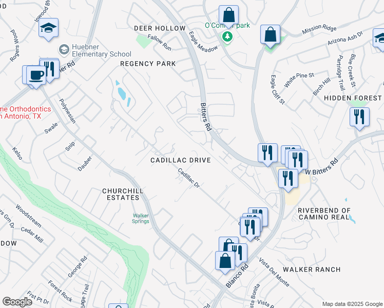 map of restaurants, bars, coffee shops, grocery stores, and more near 14956 Cadillac Drive in San Antonio