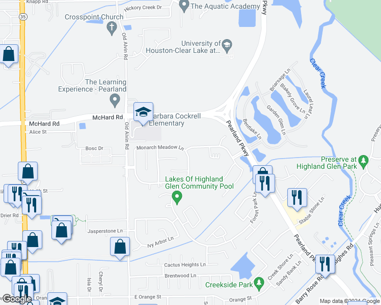 map of restaurants, bars, coffee shops, grocery stores, and more near 1601 Highland Glen Lane in Pearland