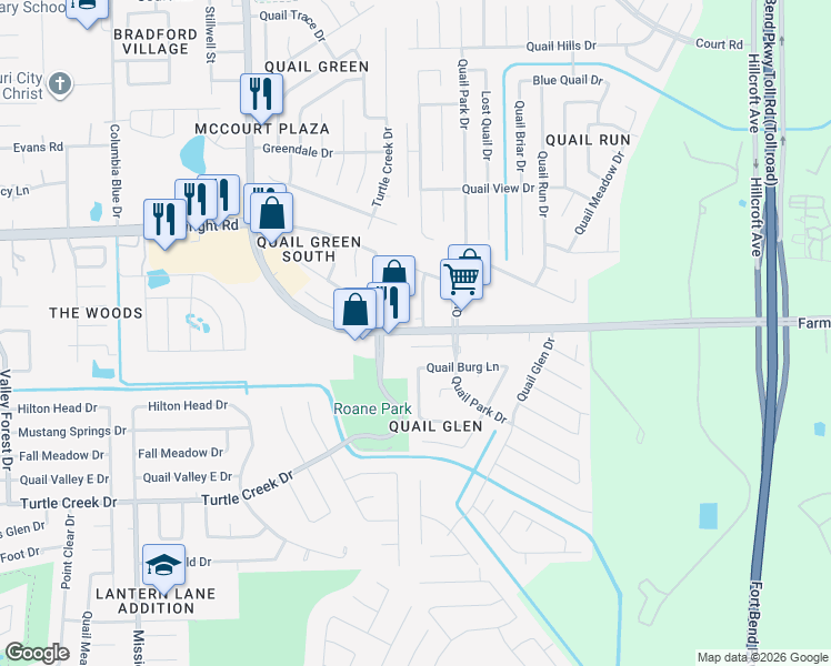 map of restaurants, bars, coffee shops, grocery stores, and more near 15225 Farm-To-Market Road 2234 in Missouri City