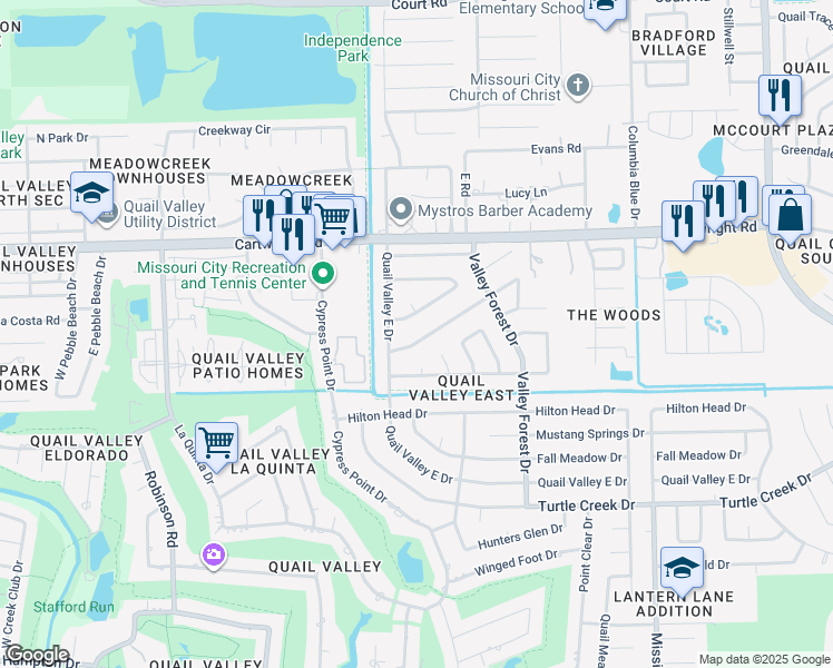 map of restaurants, bars, coffee shops, grocery stores, and more near 2418 Stillmeadow Drive in Missouri City