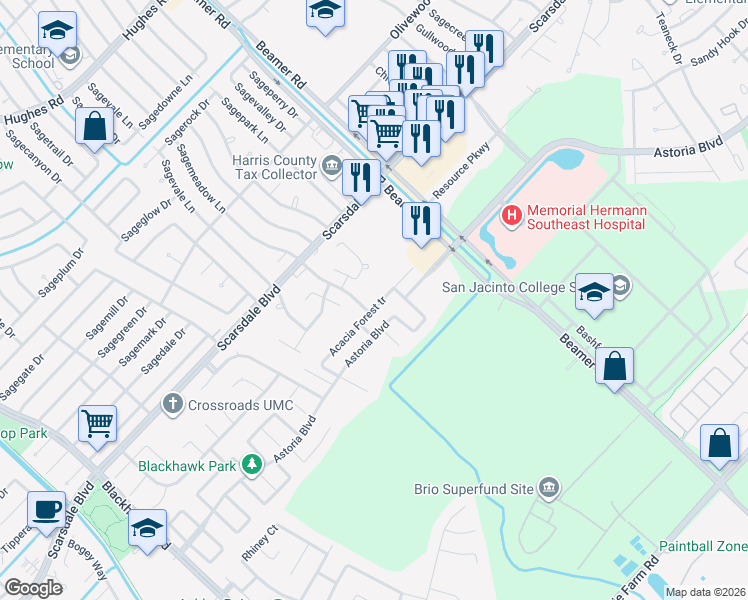 map of restaurants, bars, coffee shops, grocery stores, and more near 10611 Acacia Forest tr in Houston