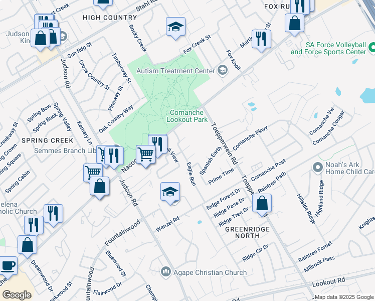 map of restaurants, bars, coffee shops, grocery stores, and more near 6403 Gray Ridge in San Antonio