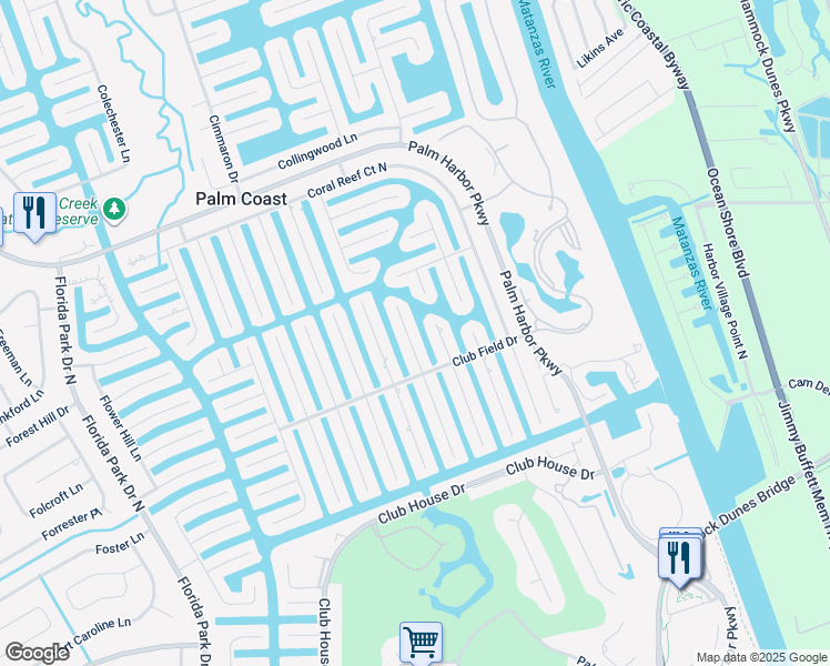 map of restaurants, bars, coffee shops, grocery stores, and more near 20 Claridge Court North in Palm Coast