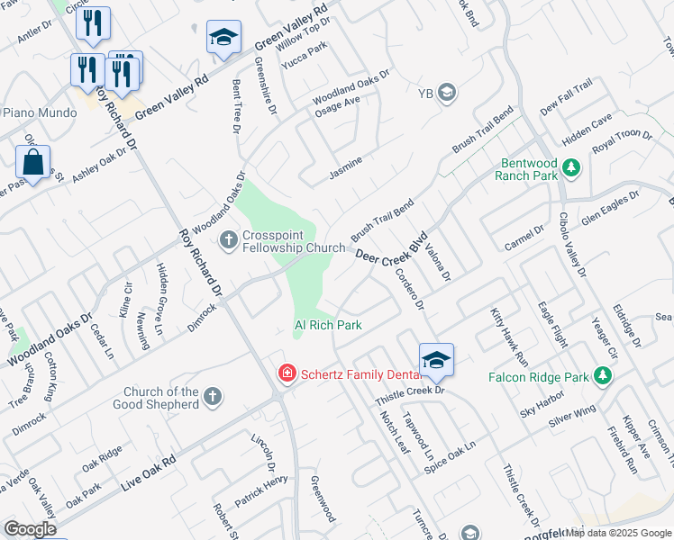 map of restaurants, bars, coffee shops, grocery stores, and more near 112 Brush Trail Bend in Cibolo