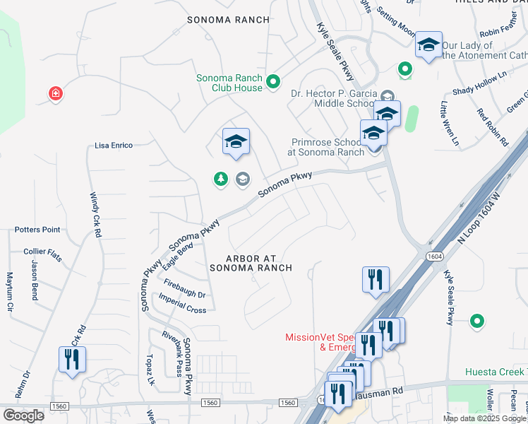 map of restaurants, bars, coffee shops, grocery stores, and more near 8640 Eagle Peak in Helotes