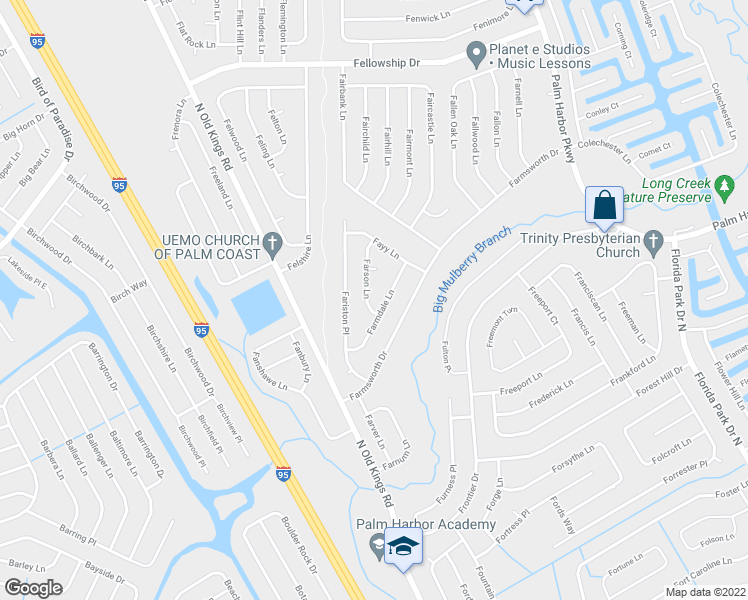 map of restaurants, bars, coffee shops, grocery stores, and more near 21 Farson Lane in Palm Coast