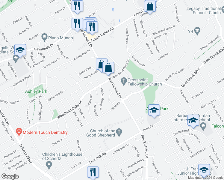 map of restaurants, bars, coffee shops, grocery stores, and more near 2573 Woodland Village Place in Schertz