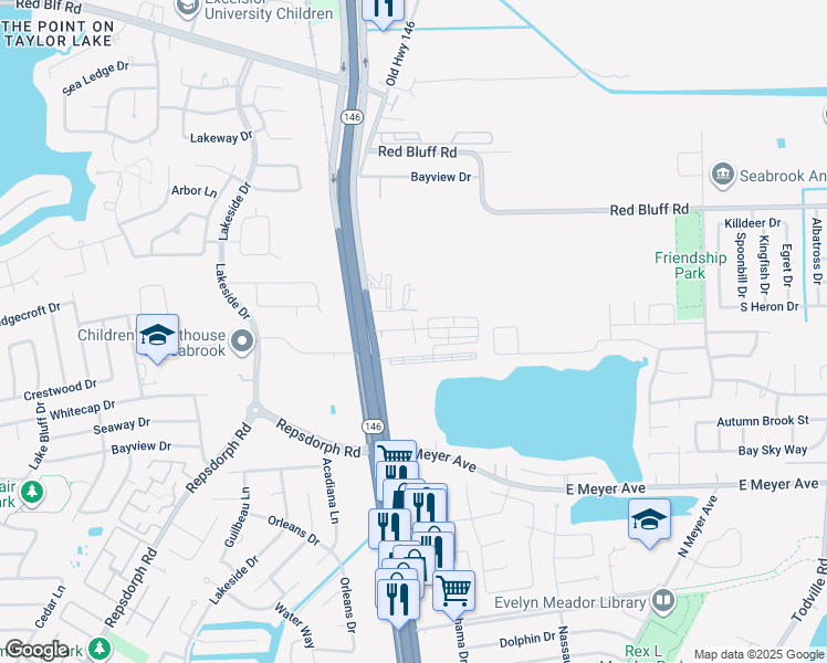 map of restaurants, bars, coffee shops, grocery stores, and more near 2129 Seabrook Circle in Seabrook