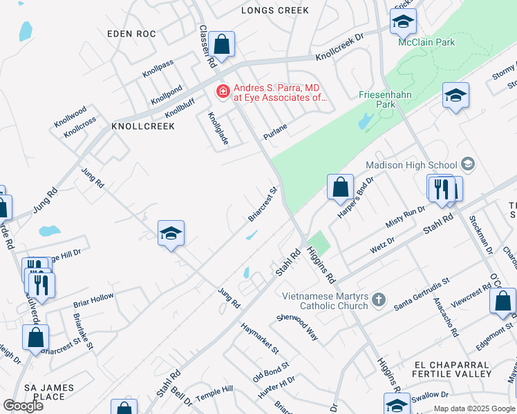 map of restaurants, bars, coffee shops, grocery stores, and more near 14402 Briarberry Street in San Antonio