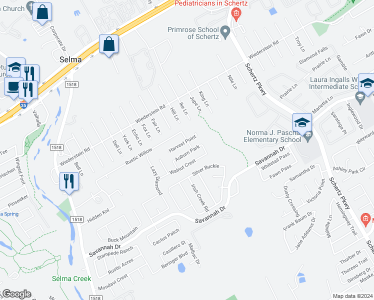 map of restaurants, bars, coffee shops, grocery stores, and more near 453 Auburn Park in Selma