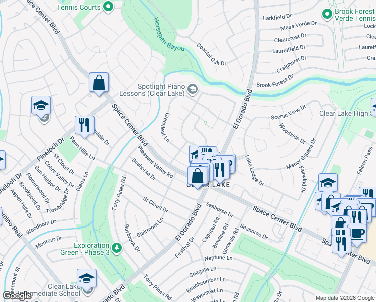 map of restaurants, bars, coffee shops, grocery stores, and more near 15403 Greenleaf Lane in Houston
