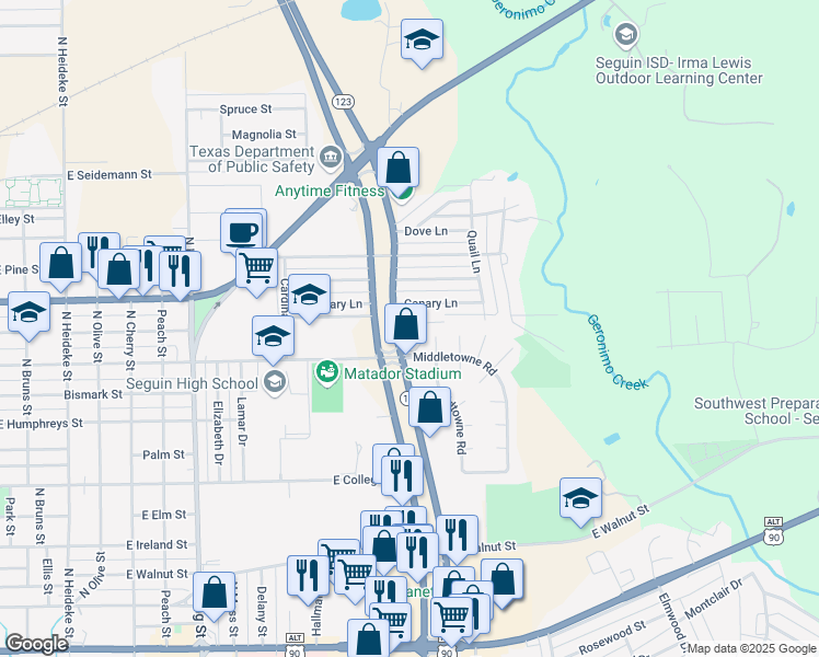 map of restaurants, bars, coffee shops, grocery stores, and more near 213 Oldtowne Road in Seguin