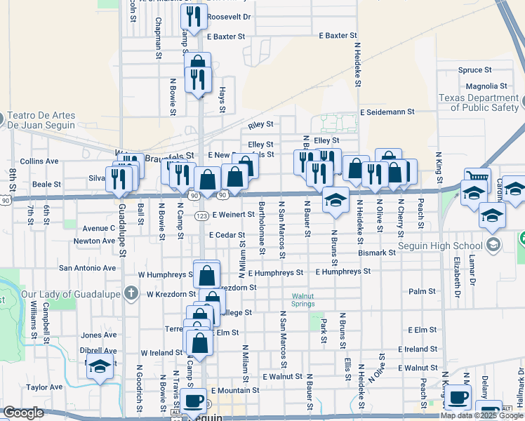 map of restaurants, bars, coffee shops, grocery stores, and more near 512 East Weinert Street in Seguin