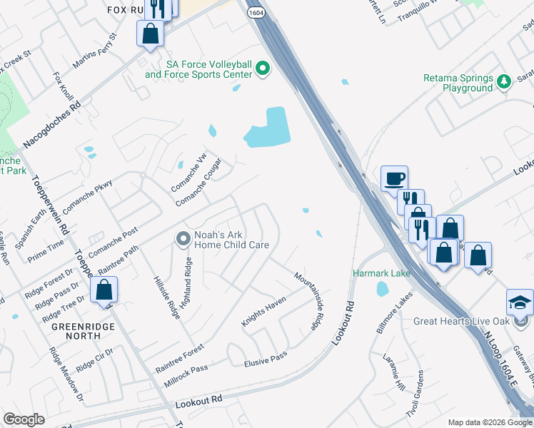 map of restaurants, bars, coffee shops, grocery stores, and more near 7231 Raintree Forest in San Antonio