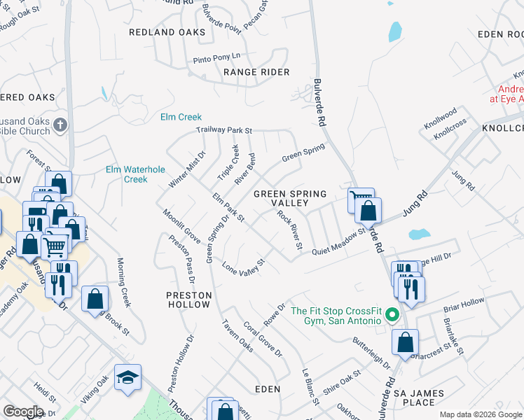 map of restaurants, bars, coffee shops, grocery stores, and more near 15203 Spring Water Circle in San Antonio