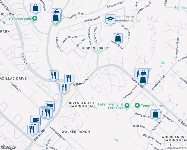 map of restaurants, bars, coffee shops, grocery stores, and more near 3 Carah Ct in San Antonio