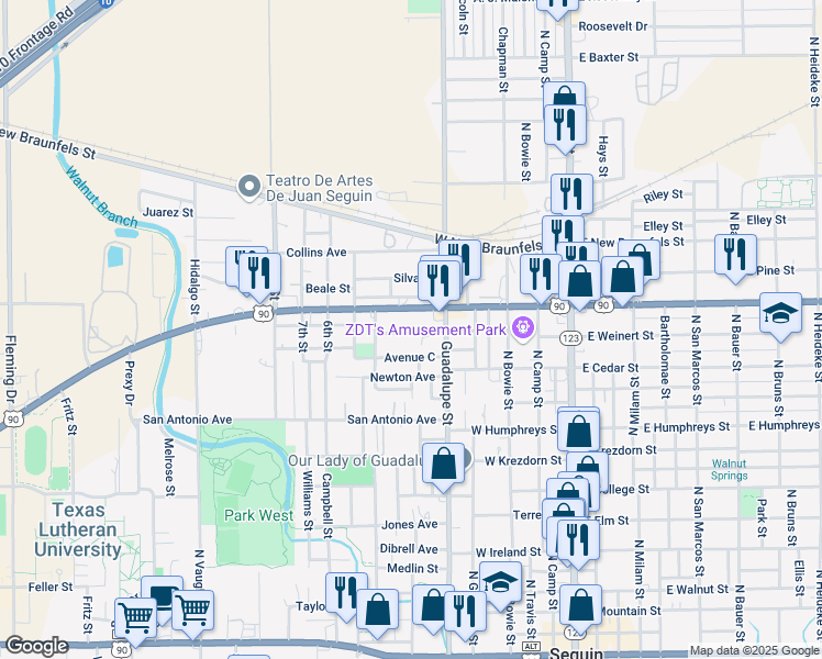 map of restaurants, bars, coffee shops, grocery stores, and more near 532 Avenue B in Seguin